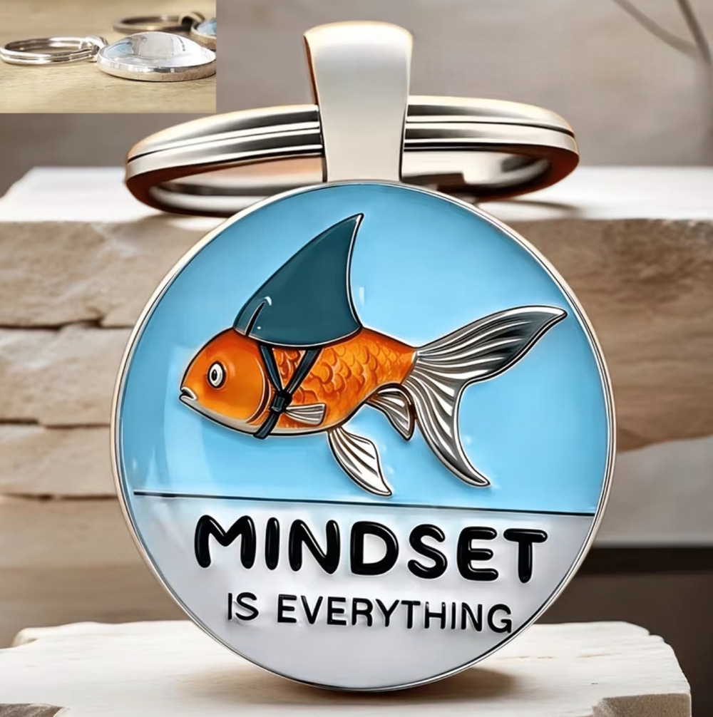 3/$25 Mindset Is Everything Goldfish Wearing A Shark Fin Keychain NEW